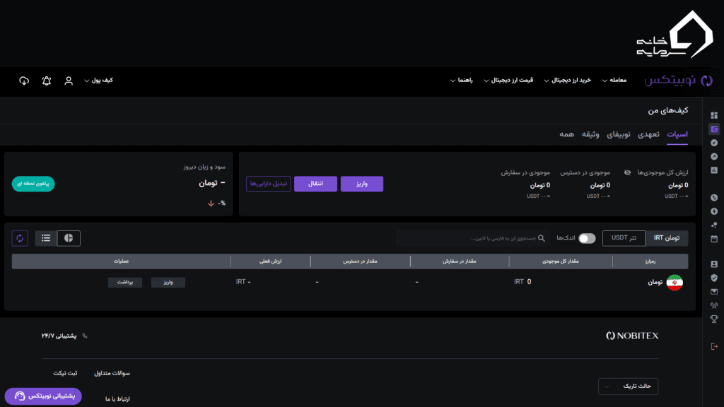 داشبورد کاربری نوبیتکس با تاکید بر منوی «کیف‌های من»