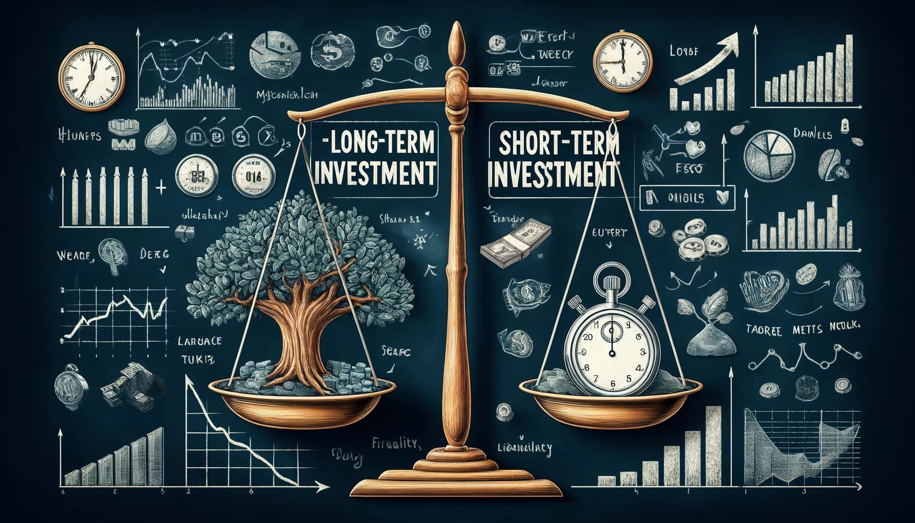دو کفه‌ی ترازو برای مقایسه سرمایه گذاری بلند مدت و کوتاه مدت