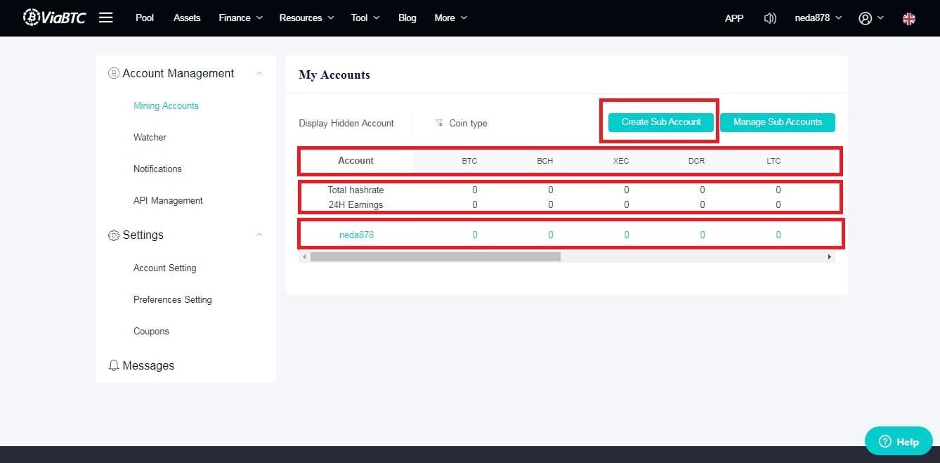 ساخت sub account در وب سایت ماینینگ viabtc
