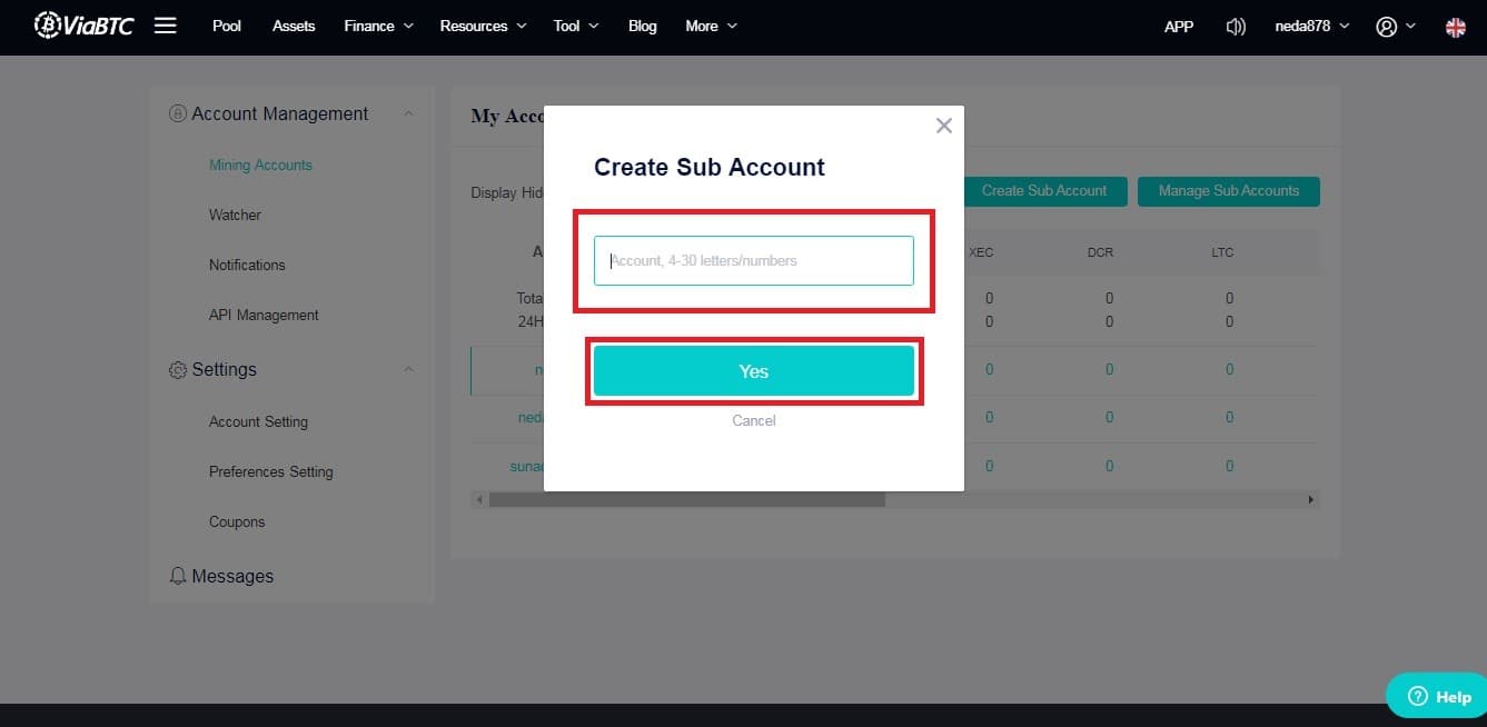 ساخت sub account در وب سایت ماینینگ viabtc