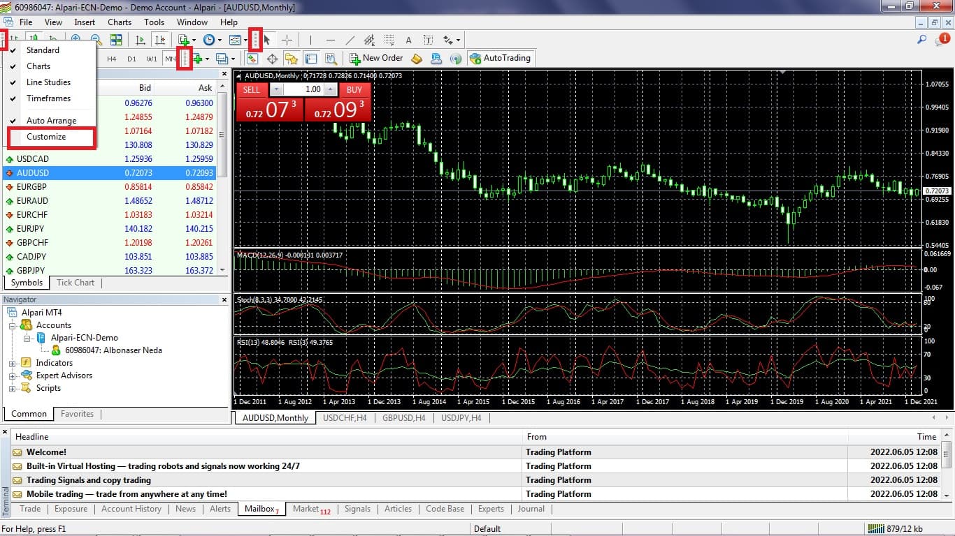 یخش نوار ابزار در متاتریدر