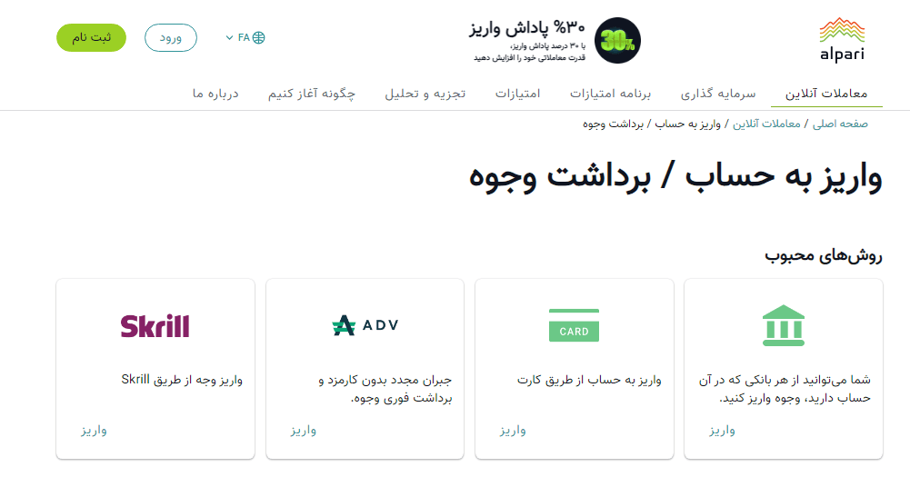 روش‌های واریز و برداشت وجه در بروکر آلپاری