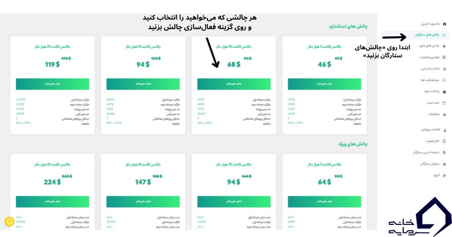 خرید چالش ستارگان ترید، گام ۱: انتخاب چالش در پنل، قیمت‌های ۱۴۰۳