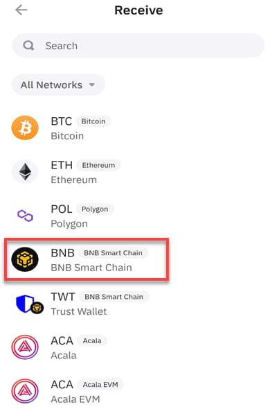 گزینه BNB در لیست دریافت رمزارز تراست ولت