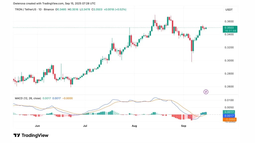 TRX با قیمت ۰.۳۵۲ دلار در نمودار ۱ روزه معامله می‌شود | منبع: TRXUSDT در Tradingview.com