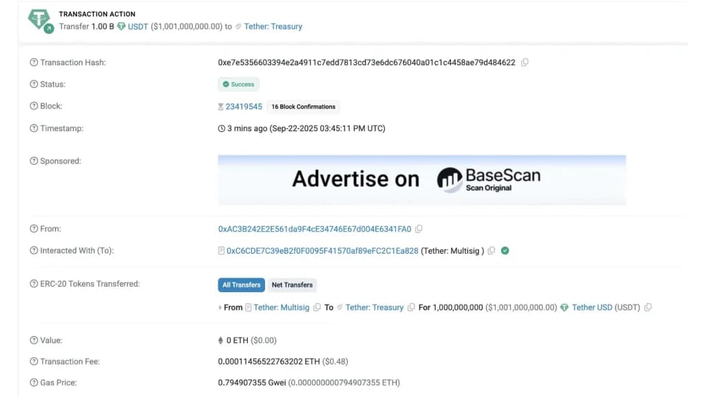 رسید تراکنش یک میلیارد تتر از Multisig به Treasury موفقیت‌آمیز