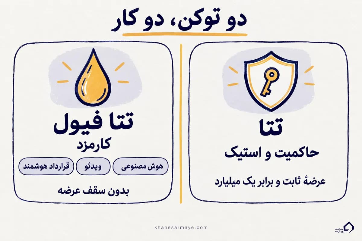 اینفوگرافیک دو توکن شبکهٔ تتا: THETA برای حاکمیت و استیک و تتا فیول (TFUEL) برای کارمزد