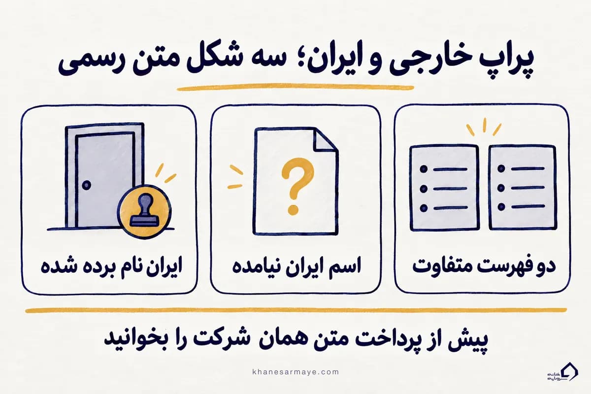 اینفوگرافی پراپ خارجی برای ایرانیان و سه شکل متن رسمی دربارهٔ ایران: ایران نام برده شده، اسم ایران نیامده و دو فهرست متفاوت