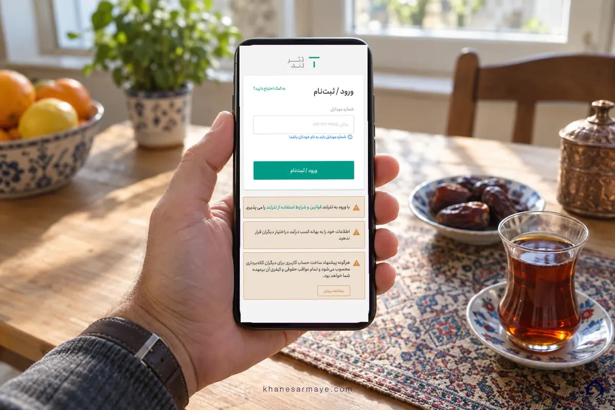 فرم ورود و ثبت‌نام صرافی تترلند در گوشی موبایل