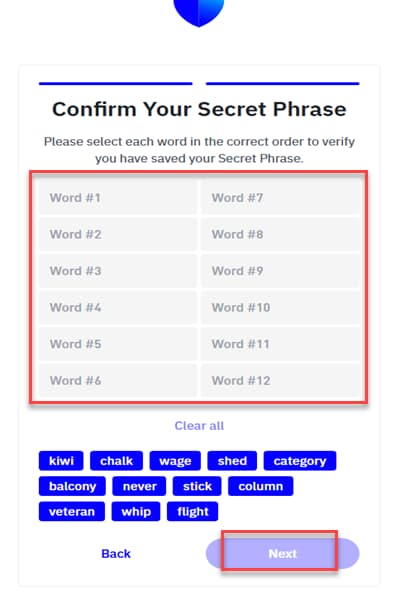 تایید کلمات بازیابی در افزونه تراست ولت تایید کلمات بازیابی در افزونه تراست ولت