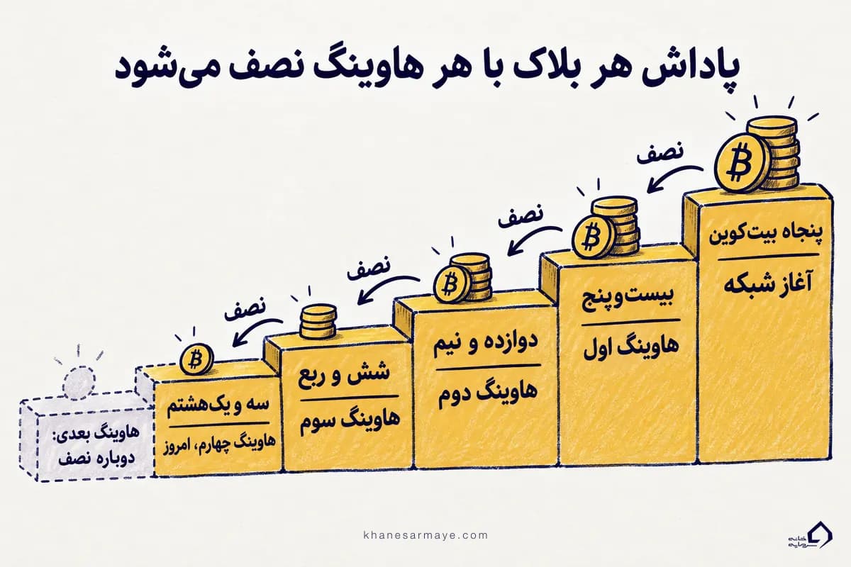 پلکان نصف شدن پاداش هر بلاک بیتکوین در هاوینگ بیت کوین، از پنجاه تا سه و یکهشتم پلکان نصف شدن پاداش هر بلاک بیتکوین در هاوینگ بیت کوین، از پنجاه تا سه و یکهشتم