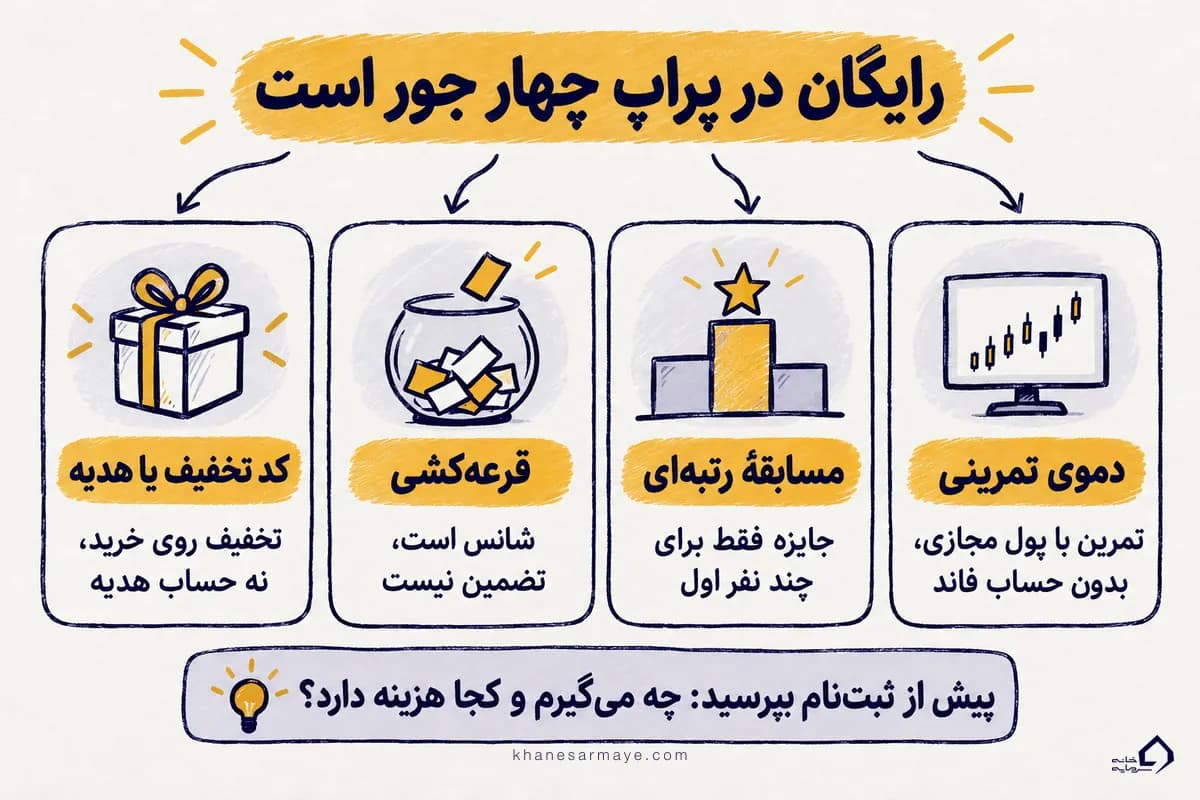 اینفوگرافی پراپ رایگان و چهار نوع آن: دموی تمرینی، مسابقهٔ رتبهای، قرعهکشی و کد تخفیف یا هدیه اینفوگرافی پراپ رایگان و چهار نوع آن: دموی تمرینی، مسابقهٔ رتبهای، قرعهکشی و کد تخفیف یا هدیه